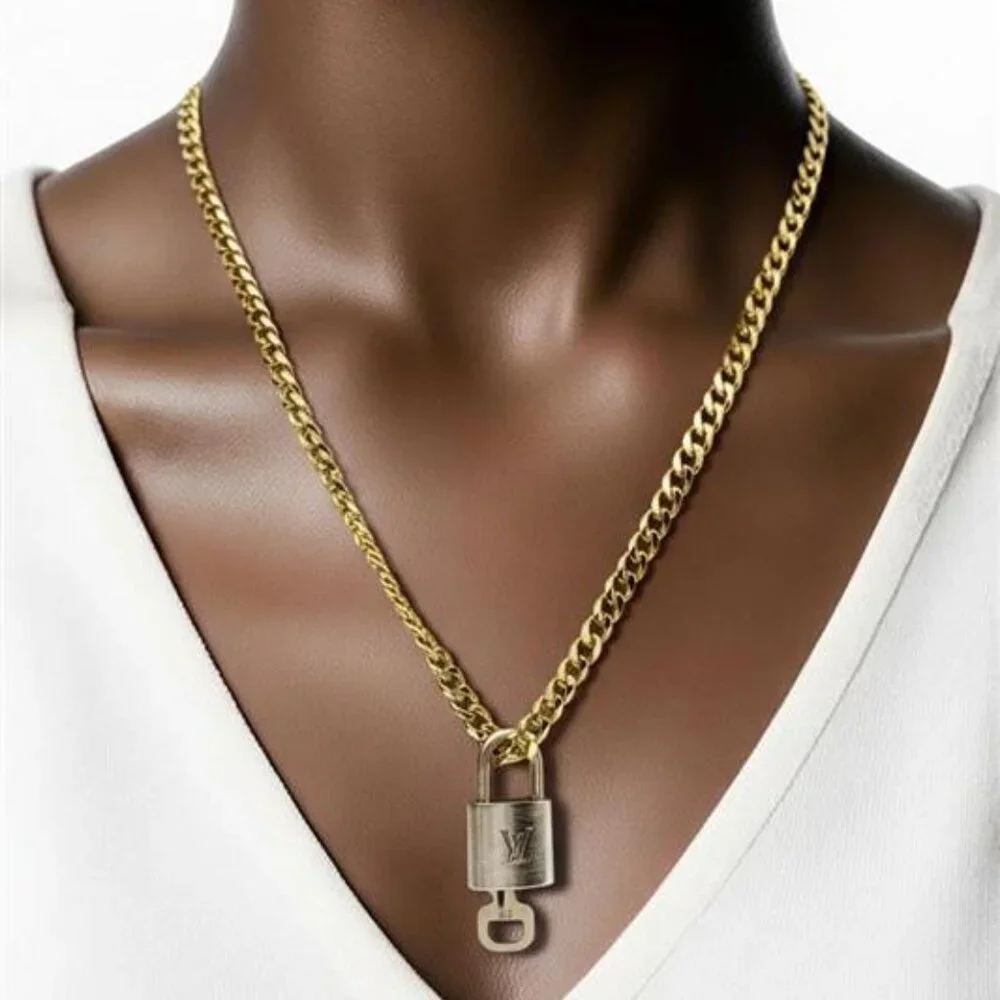 Stainless Steel Gold-Plated Necklace with Authentic Louis Vuitton Padlock